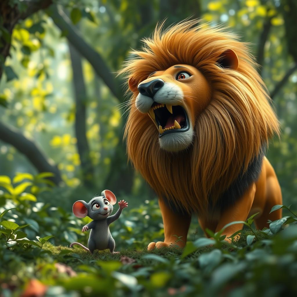 A small gray mouse with big, expressive eyes accidentally stepping on the tail of a majestic lion in the middle of a lush green forest