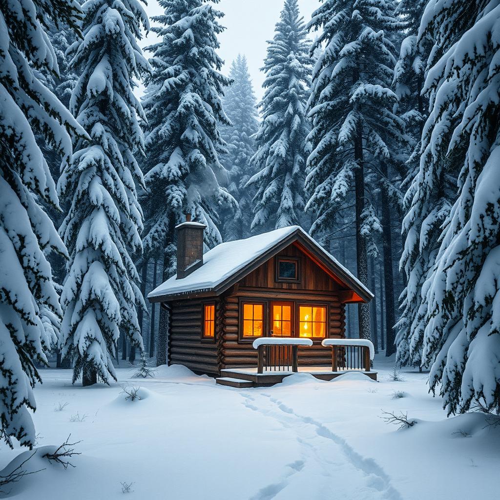 A cozy small cabin in the middle of a snowy forest landscape, surrounded by tall pine trees covered in thick white snow