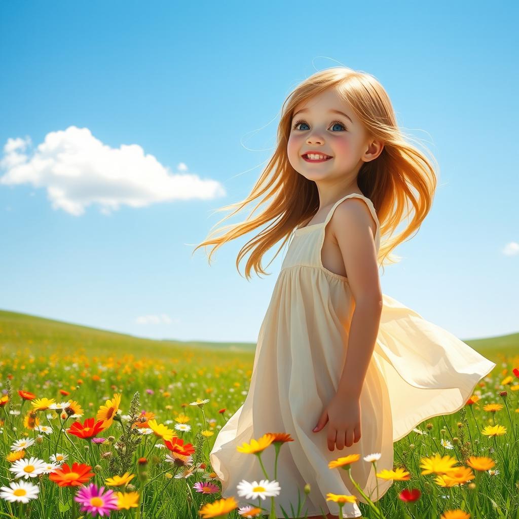 A girl with long flowing hair, wearing a flowing sundress, stands in a meadow filled with colorful wildflowers, under a bright blue sky
