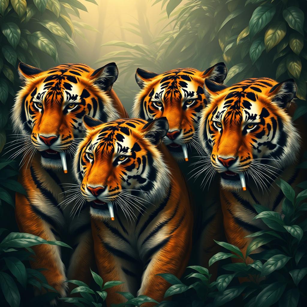 Four tigers representing a cigarette mafia, each with a cigarette held in their mouths, exuding a powerful and enigmatic aura