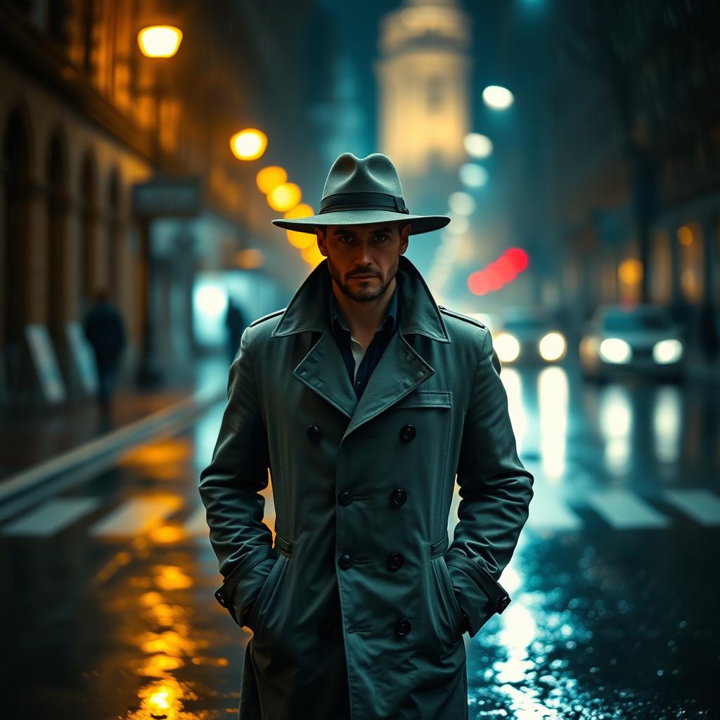 A solitary man walking down a rainy street, with puddles reflecting the streetlights, wearing a classic trench coat and a wide-brimmed hat