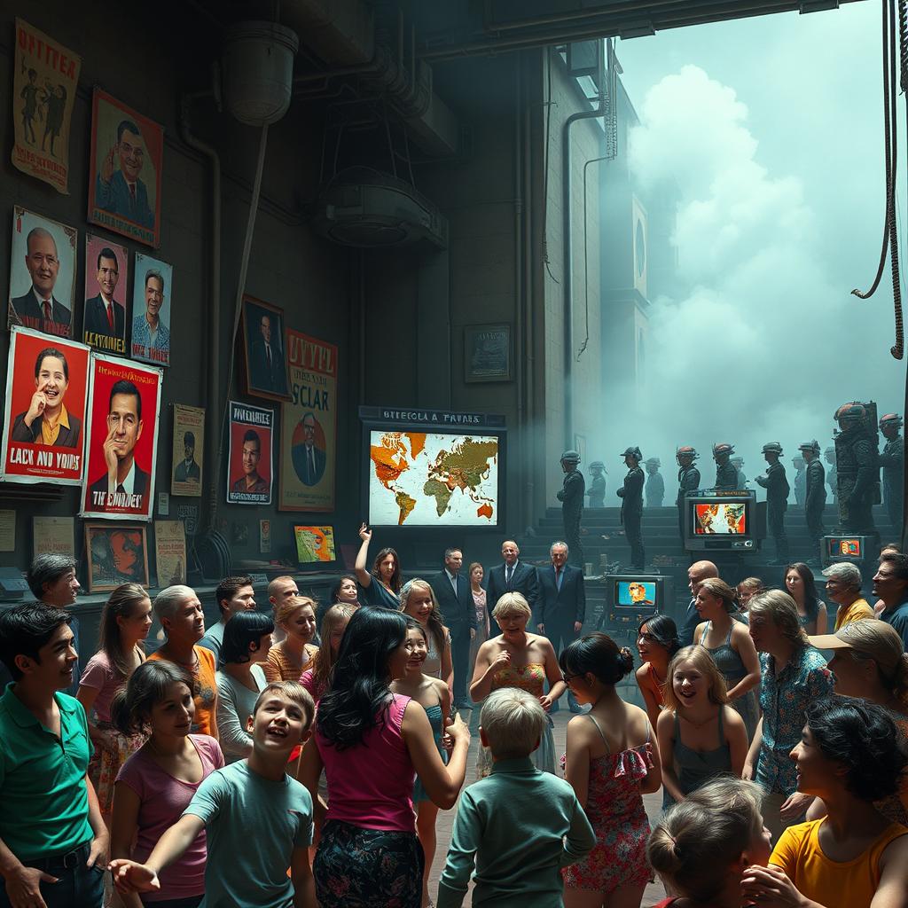 A dystopian scene depicting a stark contrast between the elite Party members and the Proles