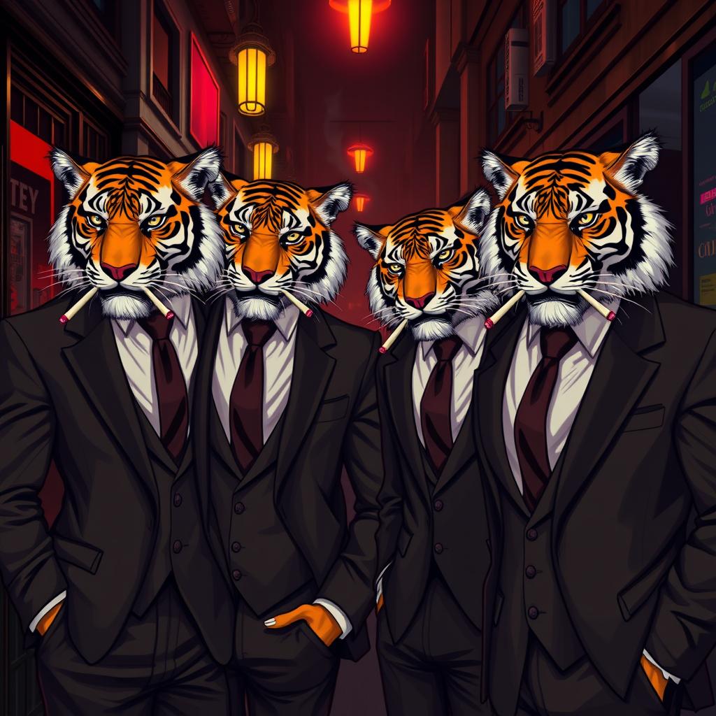 Four tiger brothers representing a cigarette mafia, each with a cigarette in their mouths, dressed in stylish suits