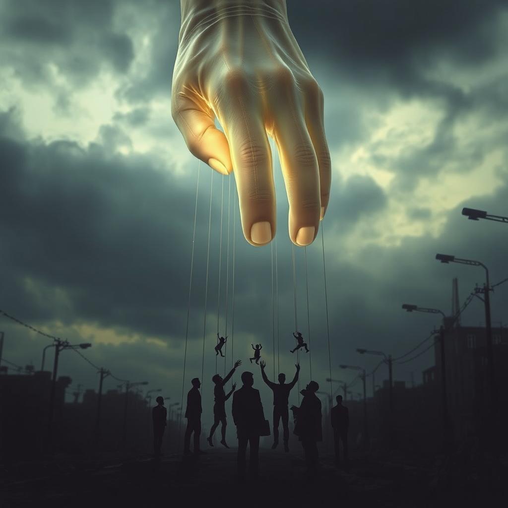 A striking surreal image of a giant, ethereal hand reaching down from the sky, manipulating tiny human figures below as if they were puppets