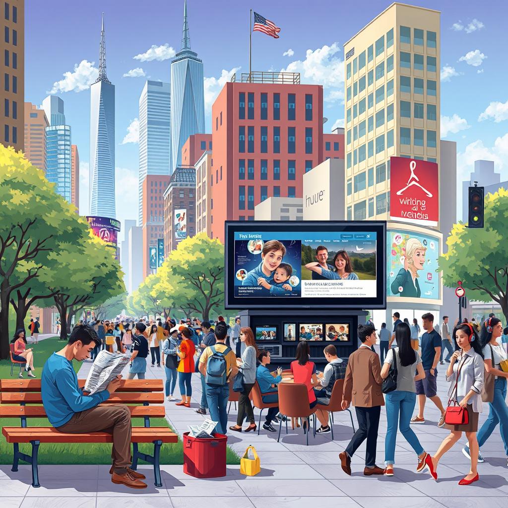 An artistic representation of the impact of various media forms on daily life