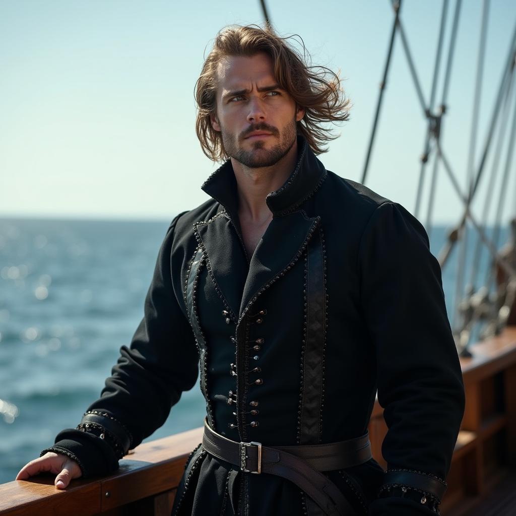A handsome, muscular man dressed in an elaborate 17th-century black wardrobe, showcasing intricate details and textures