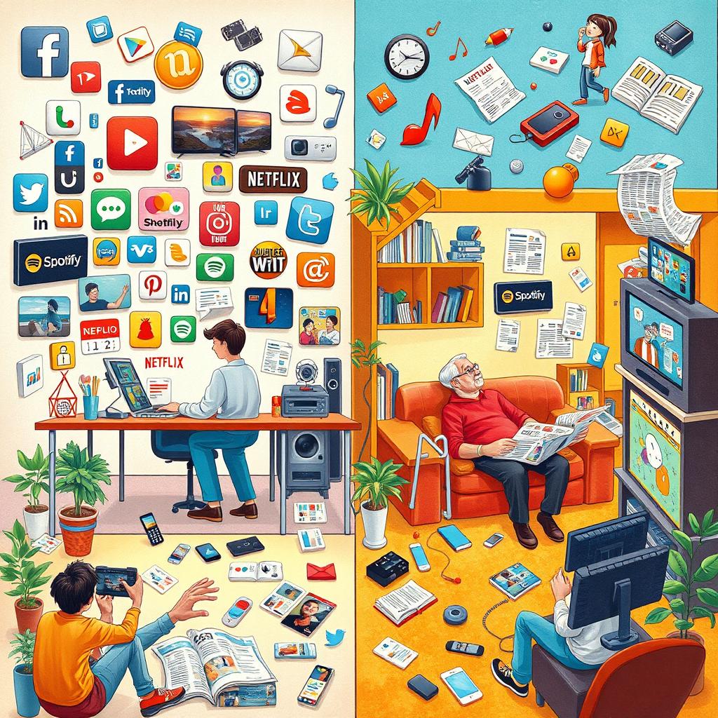 A detailed illustration depicting a diverse range of media influencing everyday life
