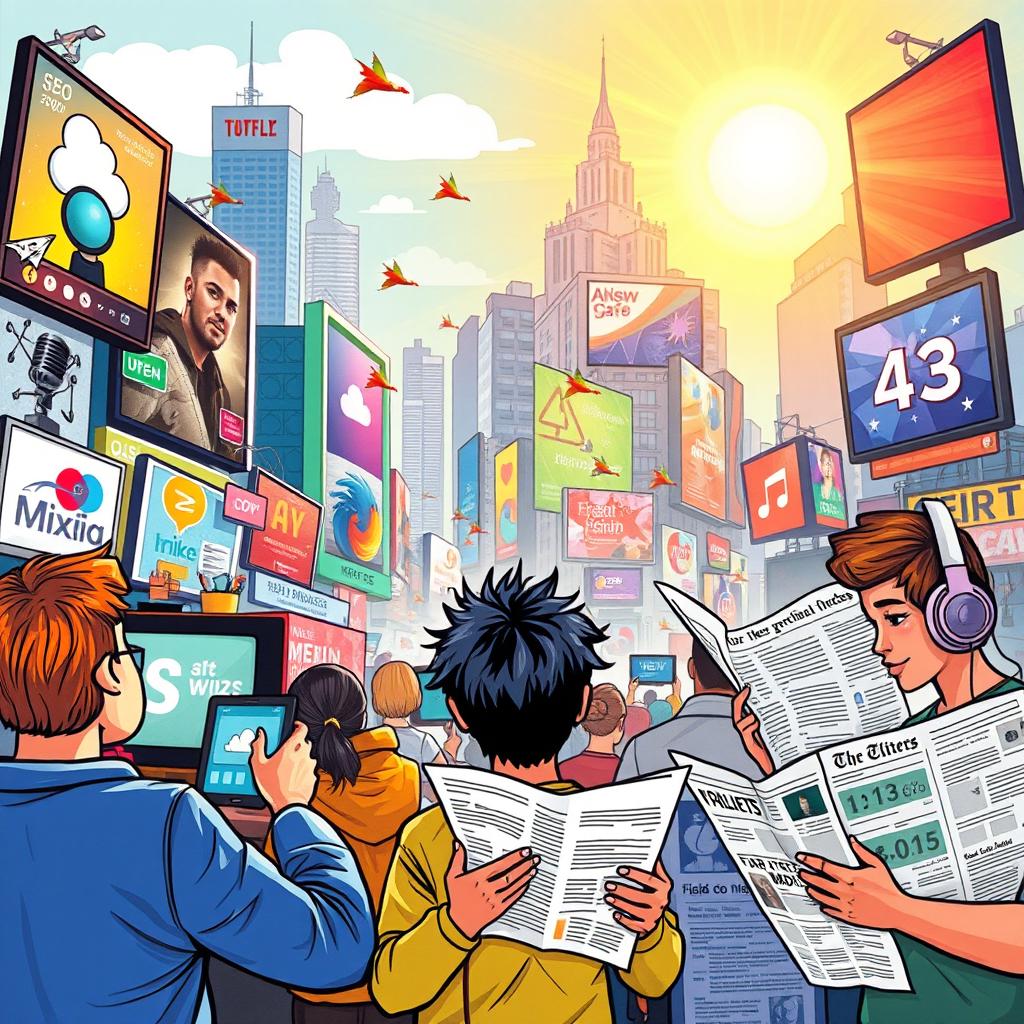 A vivid illustration depicting various types of media influencing daily life