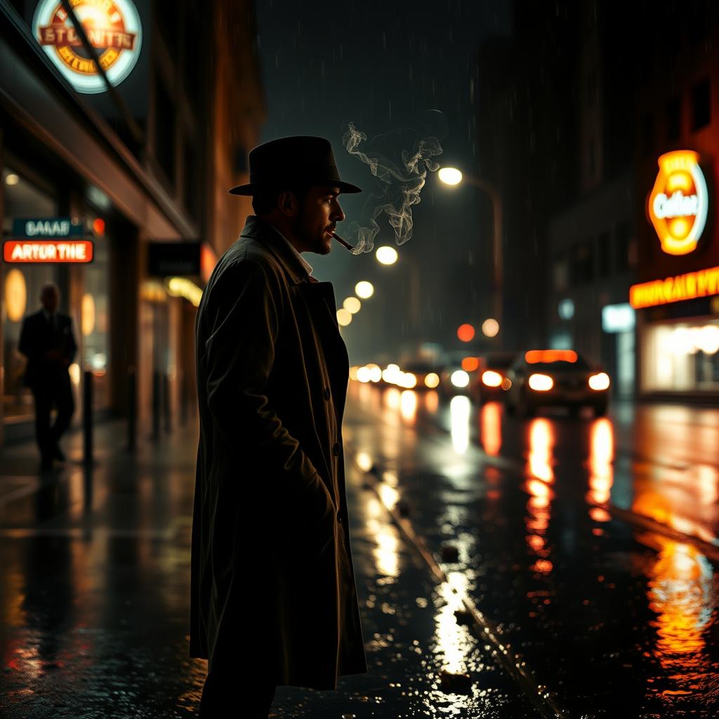 A solitary man standing on a rain-soaked street, holding a cigarette, with raindrops glistening on the pavement