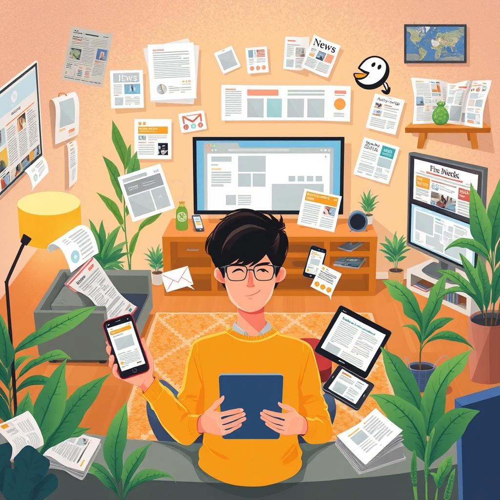 A creative illustration depicting various forms of media influencing daily life