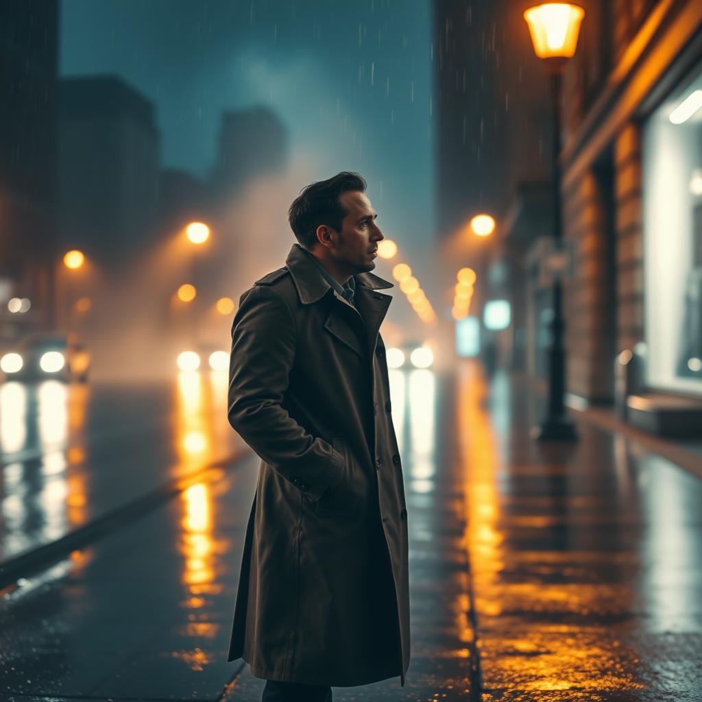 A solitary man standing on a rainy street, dressed in a stylish trench coat, holding a lit cigarette