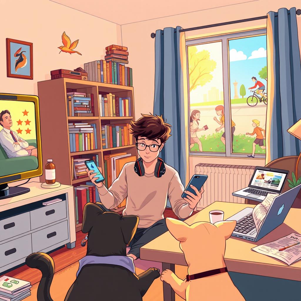 A detailed illustration showing various types of media influencing everyday life
