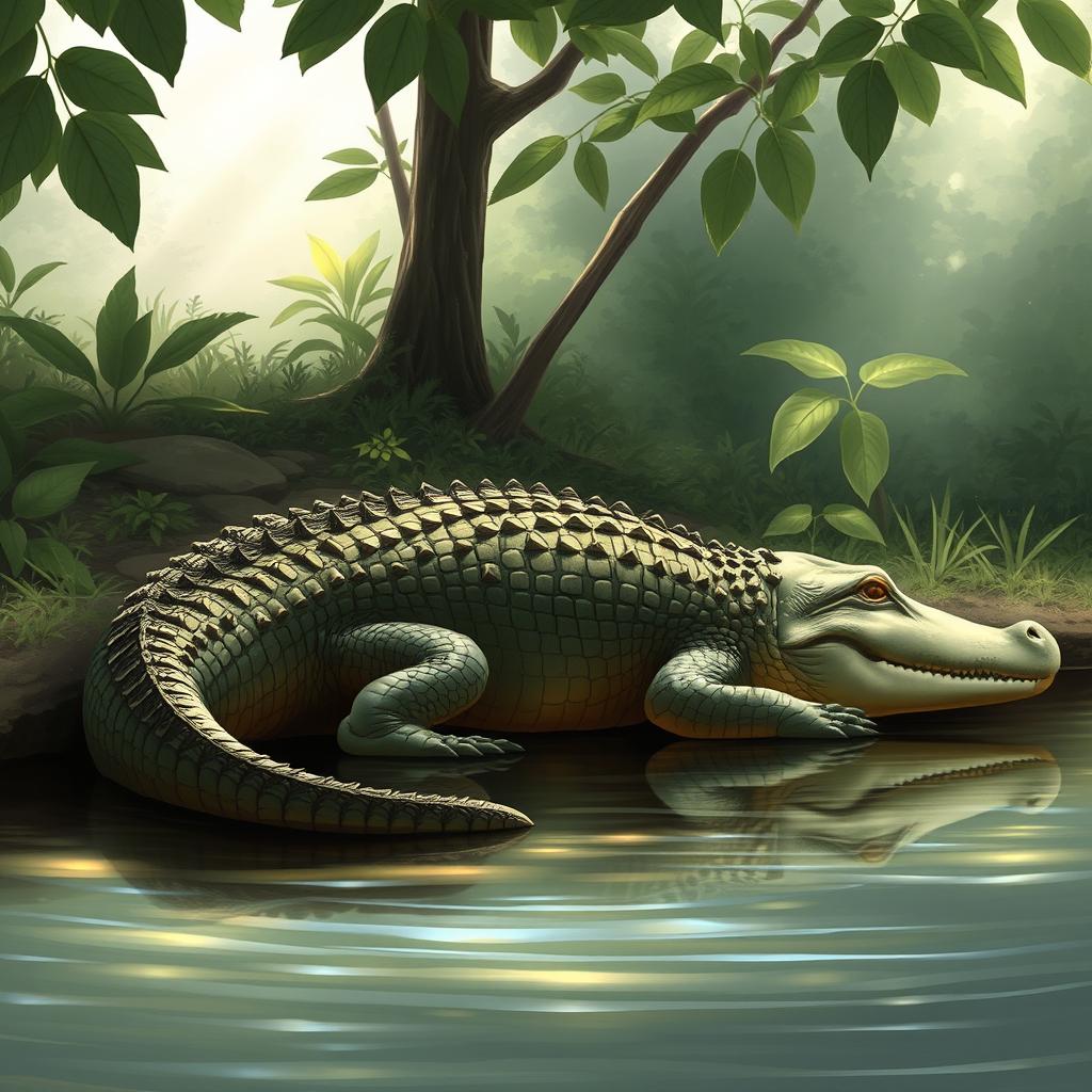 A realistic and simple depiction of a crocodile, gracefully resting by the water's edge