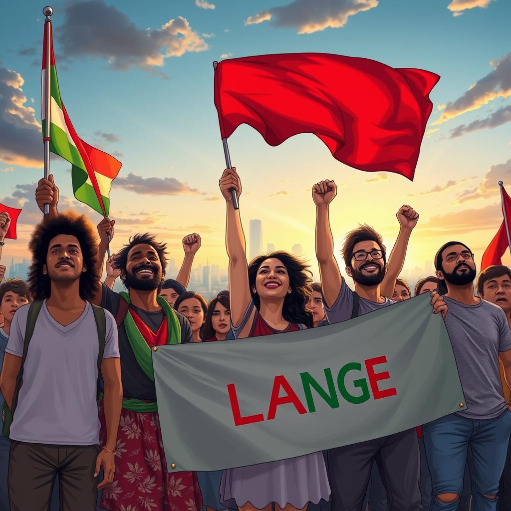 A powerful and uplifting scene depicting a diverse group of Proletarians coming together in unity to invoke change