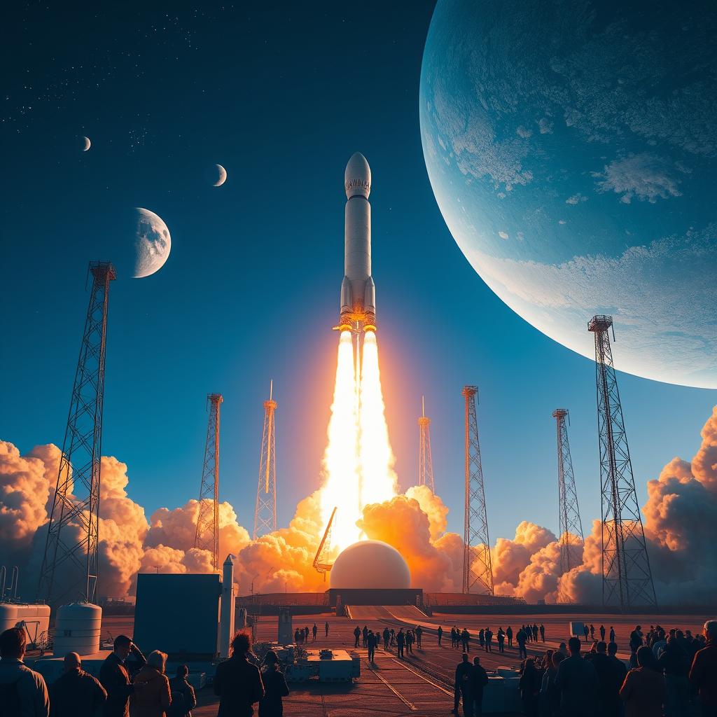 A stunning digital art poster depicting a rocket launch to space