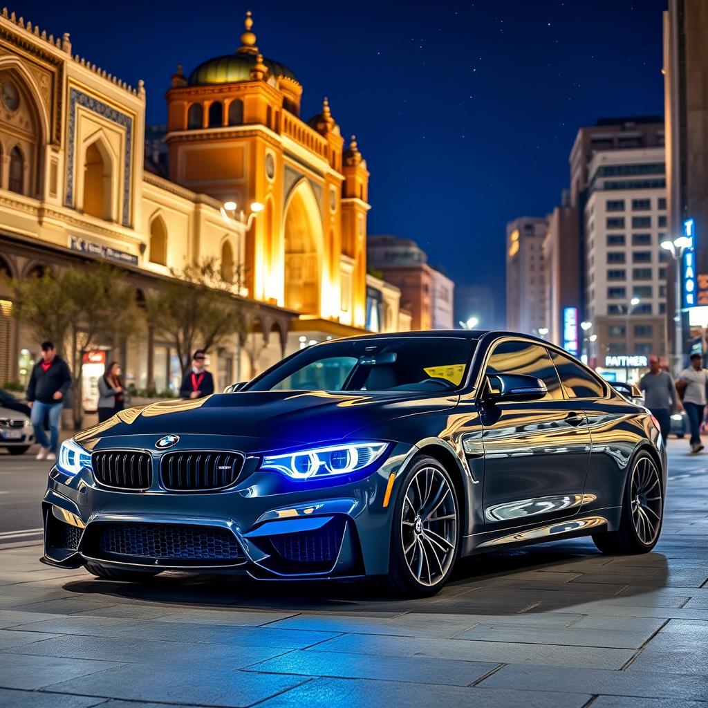 A sleek, shiny BMW M3 parked in a bustling street in Tehran, Iran
