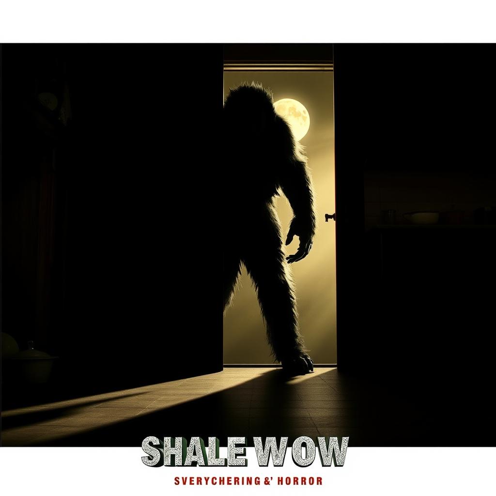 A cinematic movie poster depicting the shadow of a furry werewolf-human creature, ominously peeking through a dimly lit kitchen door