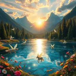 A magical landscape featuring a shimmering crystal lake surrounded by lush green forests, vibrant wildflowers, and majestic, towering mountains in the background