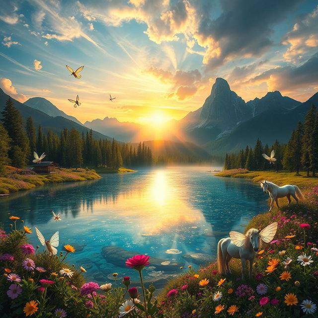 A magical landscape featuring a shimmering crystal lake surrounded by lush green forests, vibrant wildflowers, and majestic, towering mountains in the background