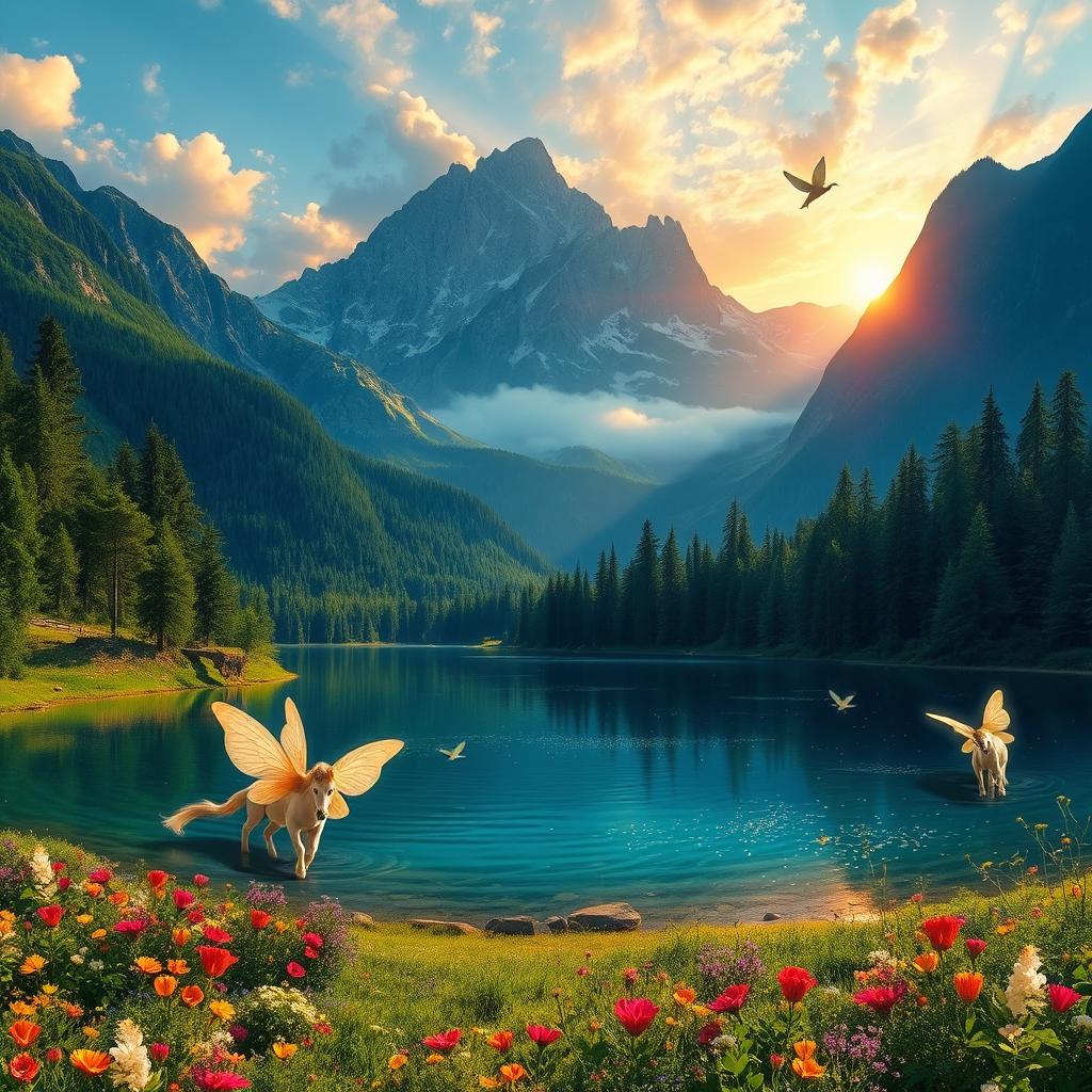 A magical landscape featuring a shimmering crystal lake surrounded by lush green forests, vibrant wildflowers, and majestic, towering mountains in the background
