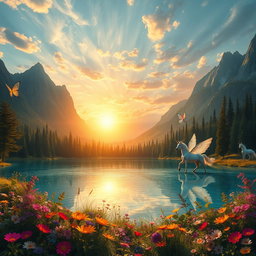 A magical landscape featuring a shimmering crystal lake surrounded by lush green forests, vibrant wildflowers, and majestic, towering mountains in the background