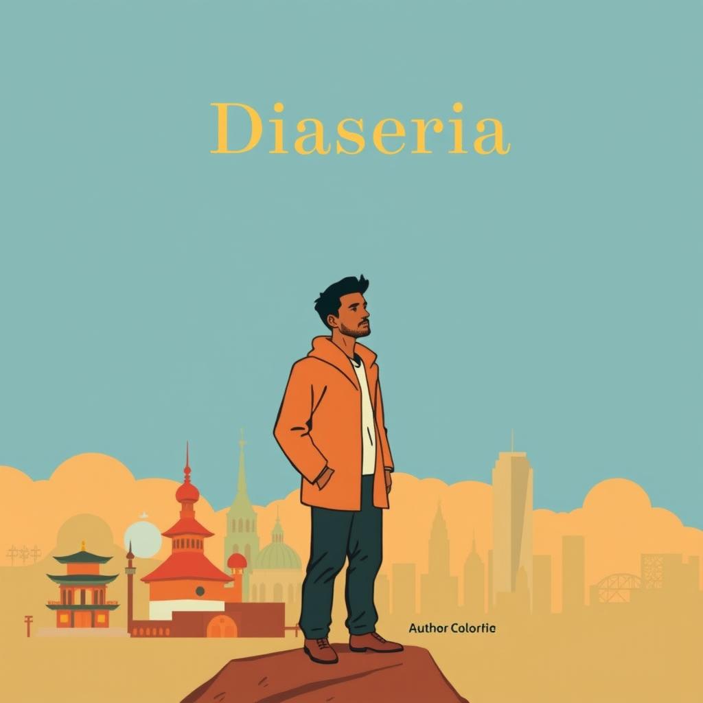 A simple and impactful book cover featuring a male figure representing diaspora, standing at the edge of a landscape that blends elements from multiple cultures