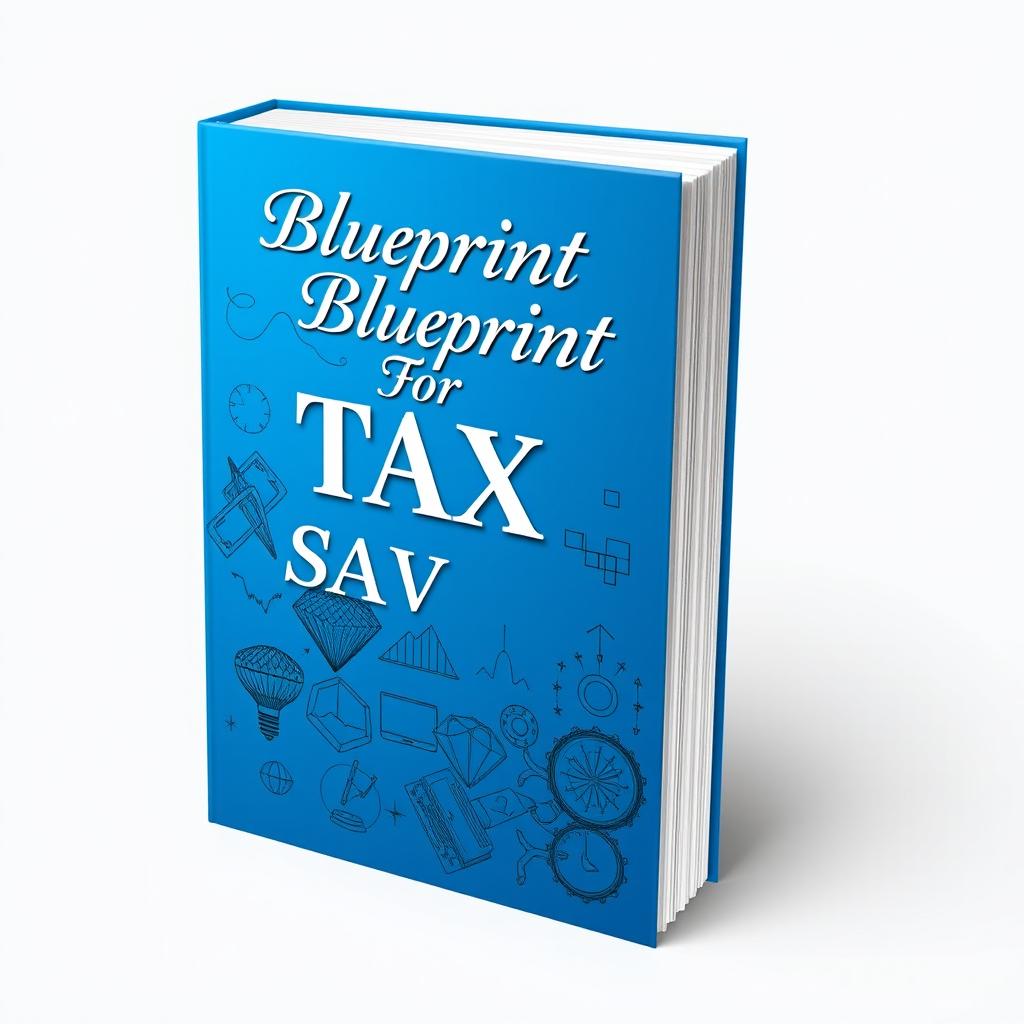 A striking 3D book cover design featuring shades of blue to convey professionalism and trust, with a dynamic and open layout that showcases intricate drawings and illustrations related to investment and tax strategies