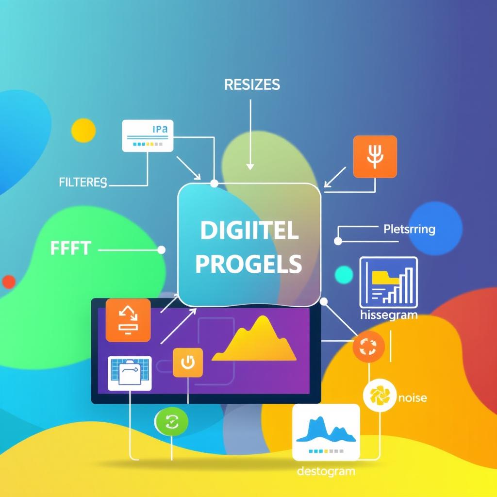 A visually engaging digital image processing concept illustration featuring various techniques such as filtering, image enhancement, and transforming images