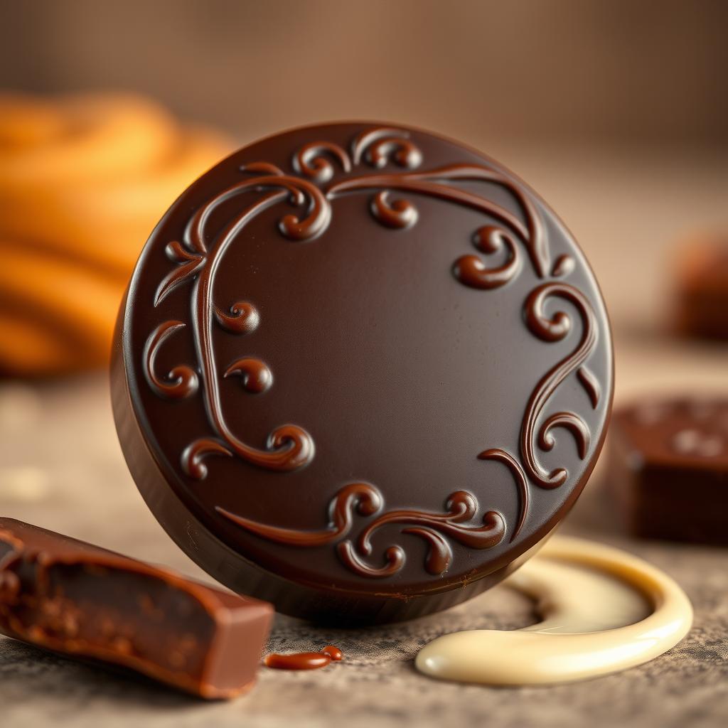 A round chocolate design featuring a glossy, rich dark chocolate exterior with a hint of sheen, beautifully crafted to showcase the smooth surface and curved edges