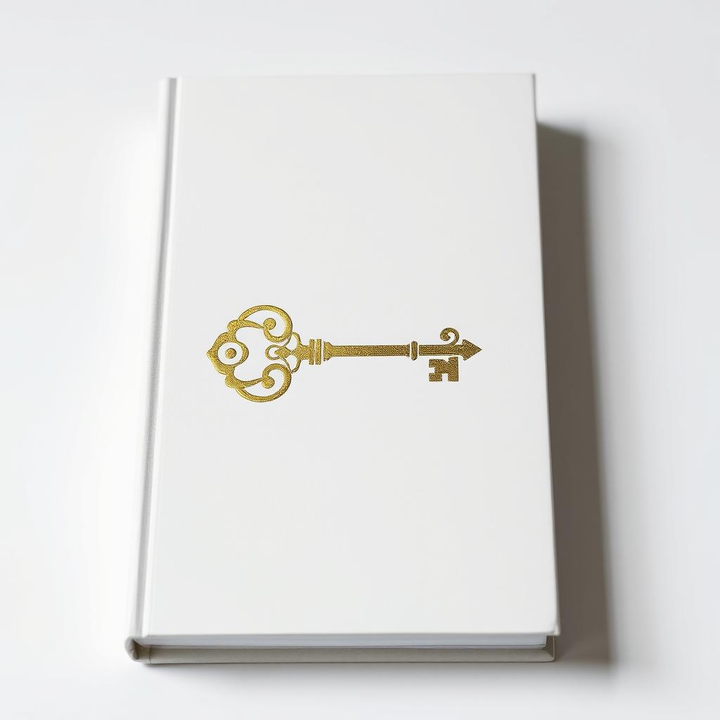 A simple and elegant book cover featuring a beautifully detailed foil outline of an antique key, representing ancient knowledge and secrets