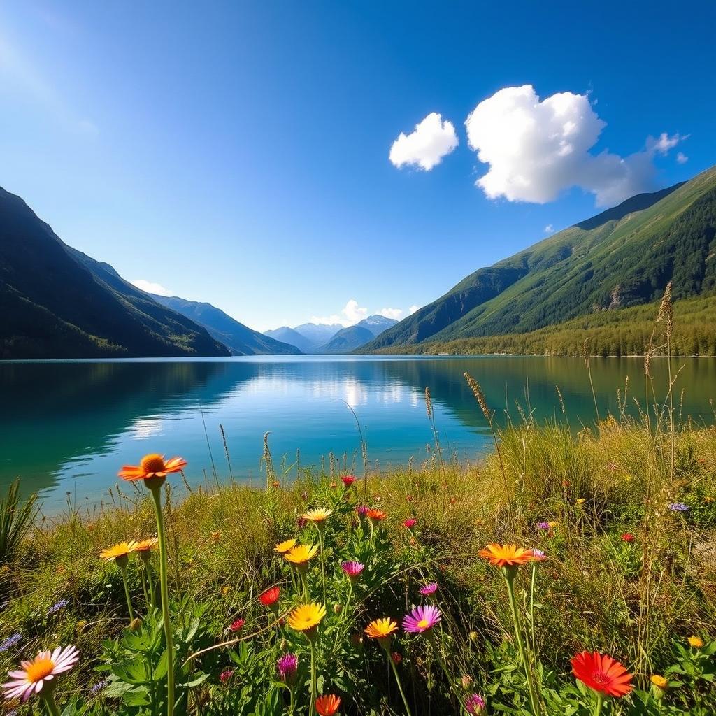 A serene landscape depicting a tranquil lake surrounded by lush green mountains, with a clear blue sky reflecting on the water's surface