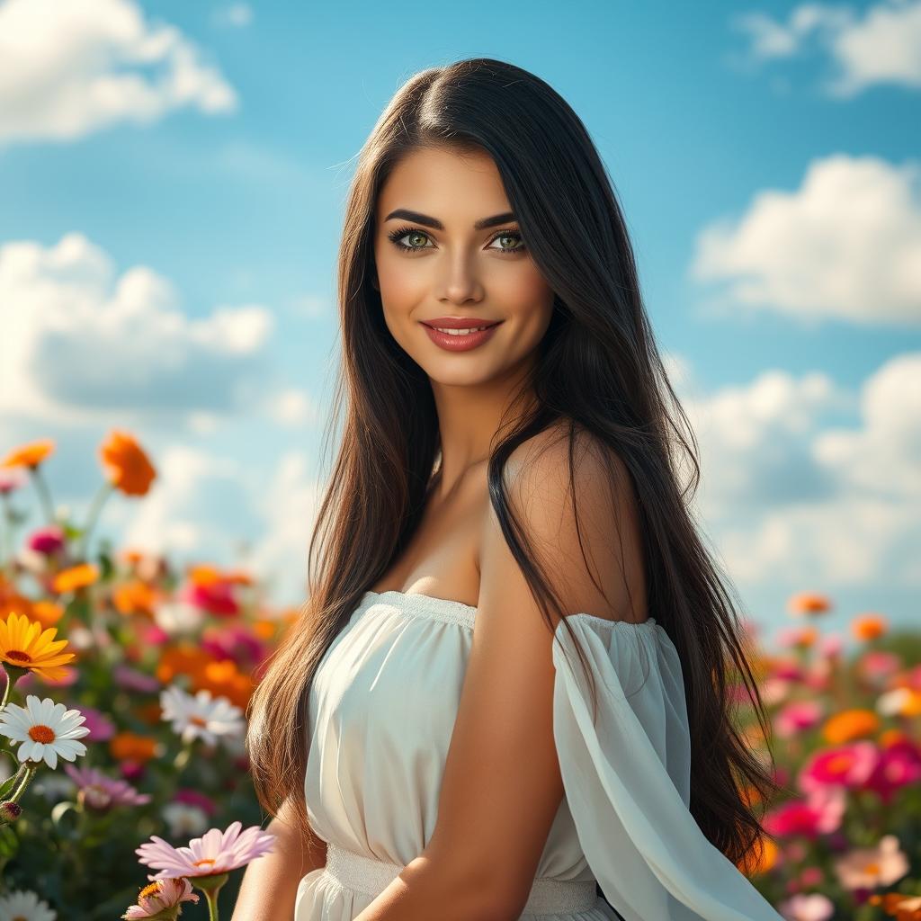 A stunning portrait of a woman with long, flowing black hair, striking green eyes, and a radiant smile