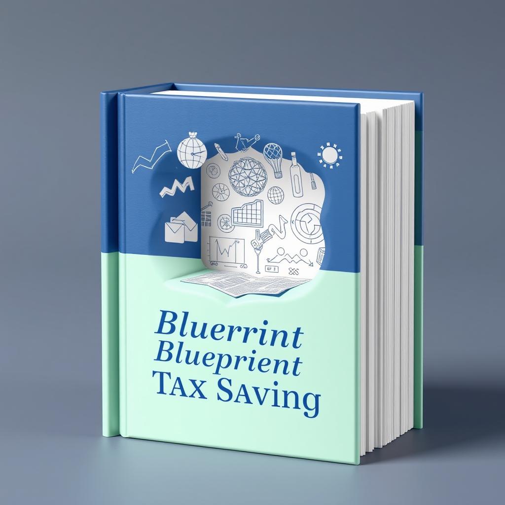 A 3D book cover design featuring a dynamic openness effect, showcasing intricate drawings related to investment and tax themes