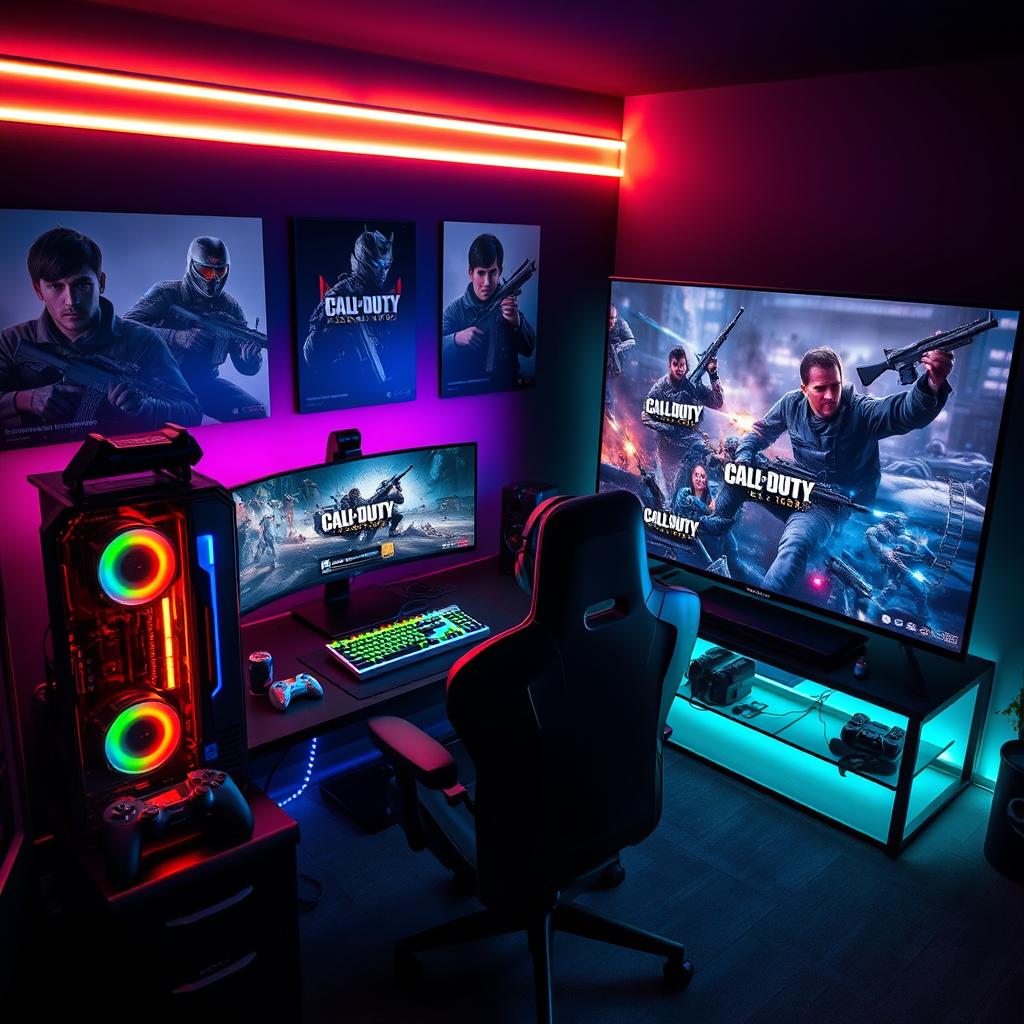 A dynamic scene showcasing a Call of Duty gaming setup in a dark room, featuring a high-end gaming PC with glowing RGB lights, dual monitors displaying an intense gameplay of a military shooter
