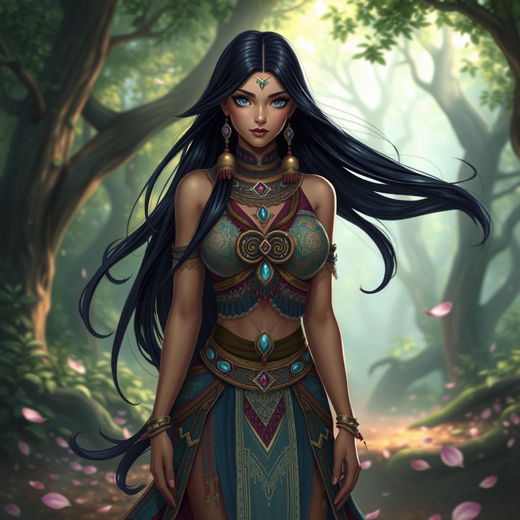 An elegant and exotic female character named Kair, with long flowing black hair adorned with decorative beads