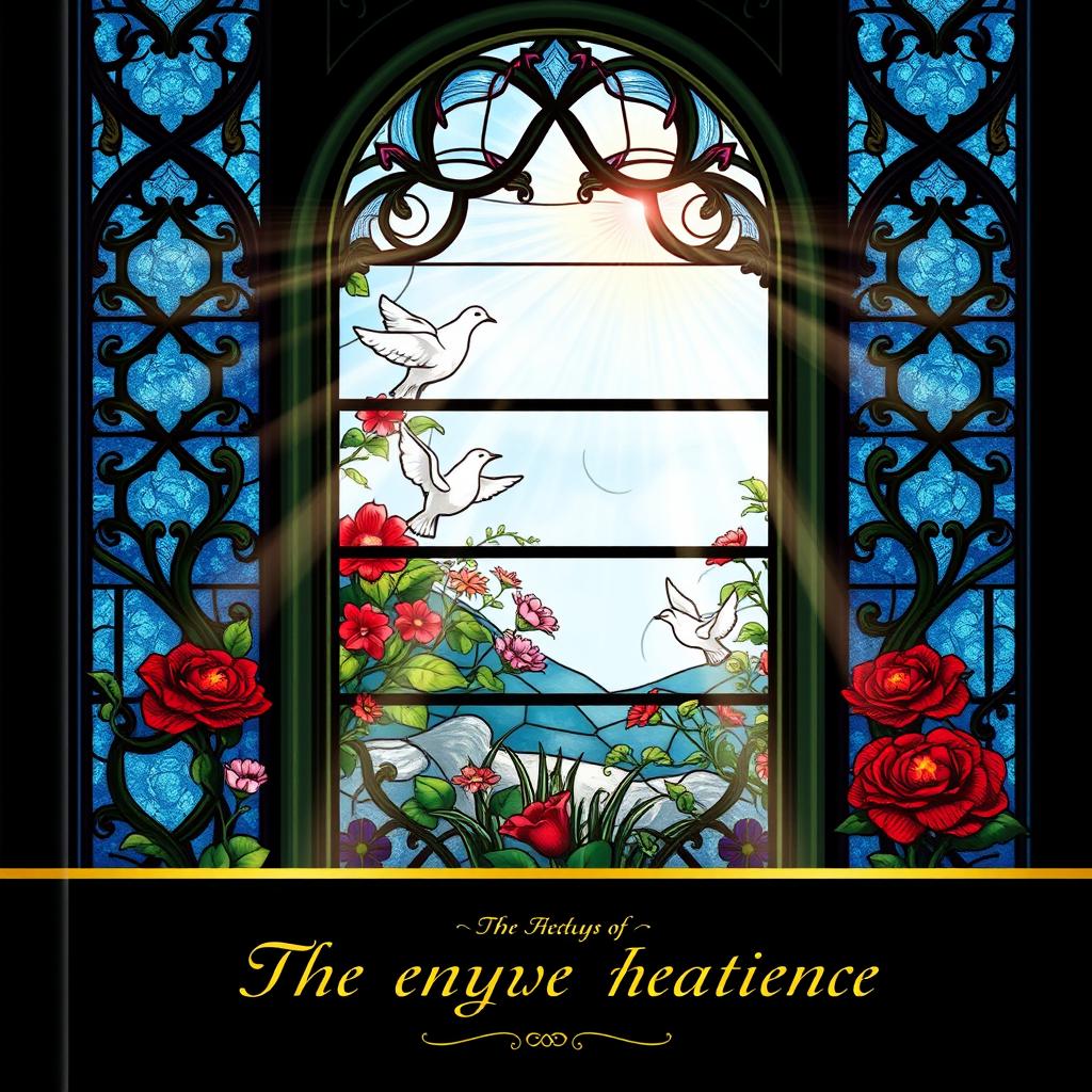 A serene and majestic religious cover design featuring a beautifully illustrated stained glass window depicting a peaceful scene of nature, such as a tranquil garden with vibrant flowers and doves, symbolizing peace