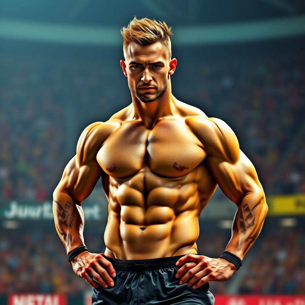 A stylized artistic representation of a soccer player resembling a muscular, athletic man in a confident pose, showcasing the power and grace associated with a professional athlete