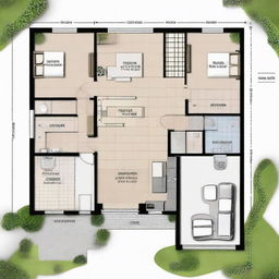 A house plan of 9x21 meters, comprising three bedrooms - two of which measure 4x3.5 meters, and one main bedroom measuring 4x6 meters, equipped with a private bathroom.