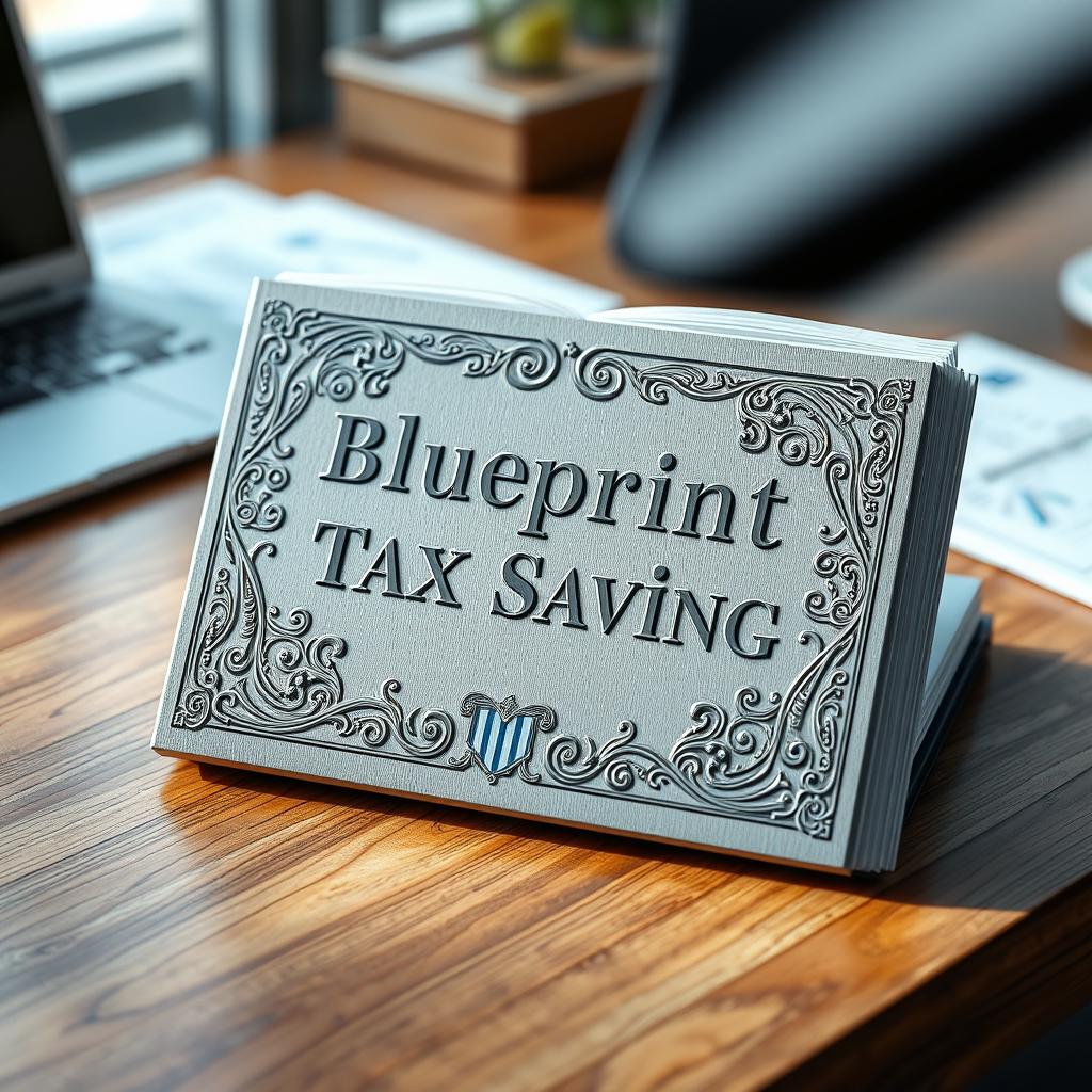 A stunning 3D render of an ebook titled "Blueprint for Tax Saving" with a beautifully engraved cover