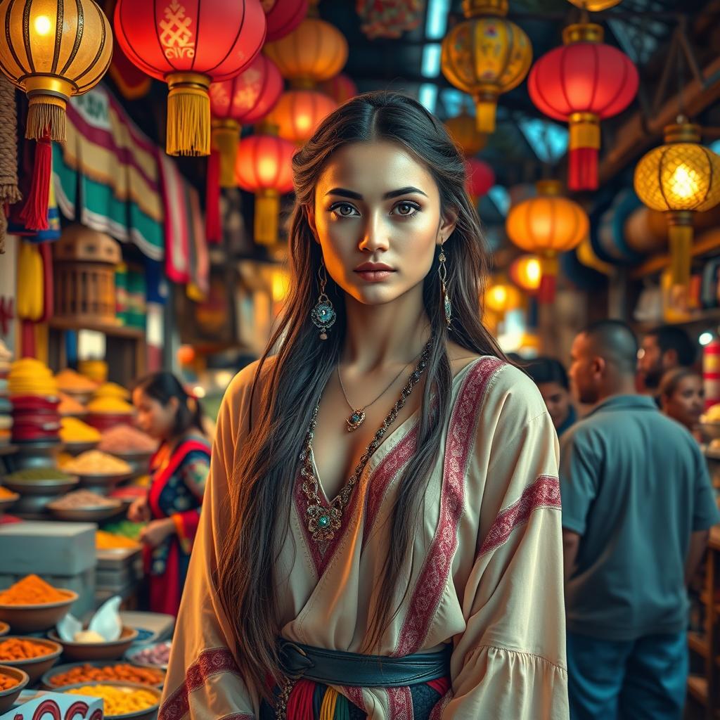 A vibrant and colorful oriental market scene featuring a beautiful young woman dressed in traditional attire, being displayed as a captivating slave