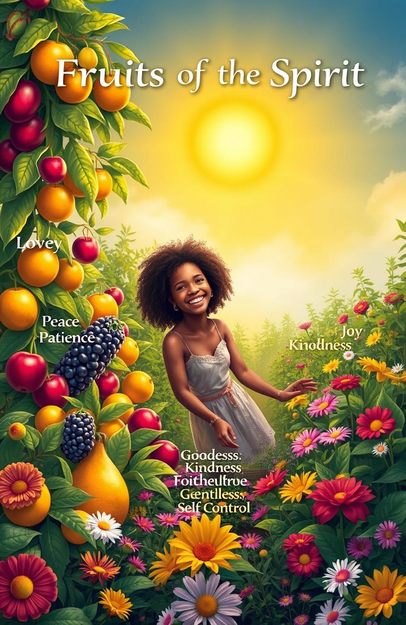 A serene and uplifting scene depicting a lush garden filled with vibrant fruits representing the fruits of the Spirit – love, joy, peace, patience, kindness, goodness, faithfulness, gentleness, self-control