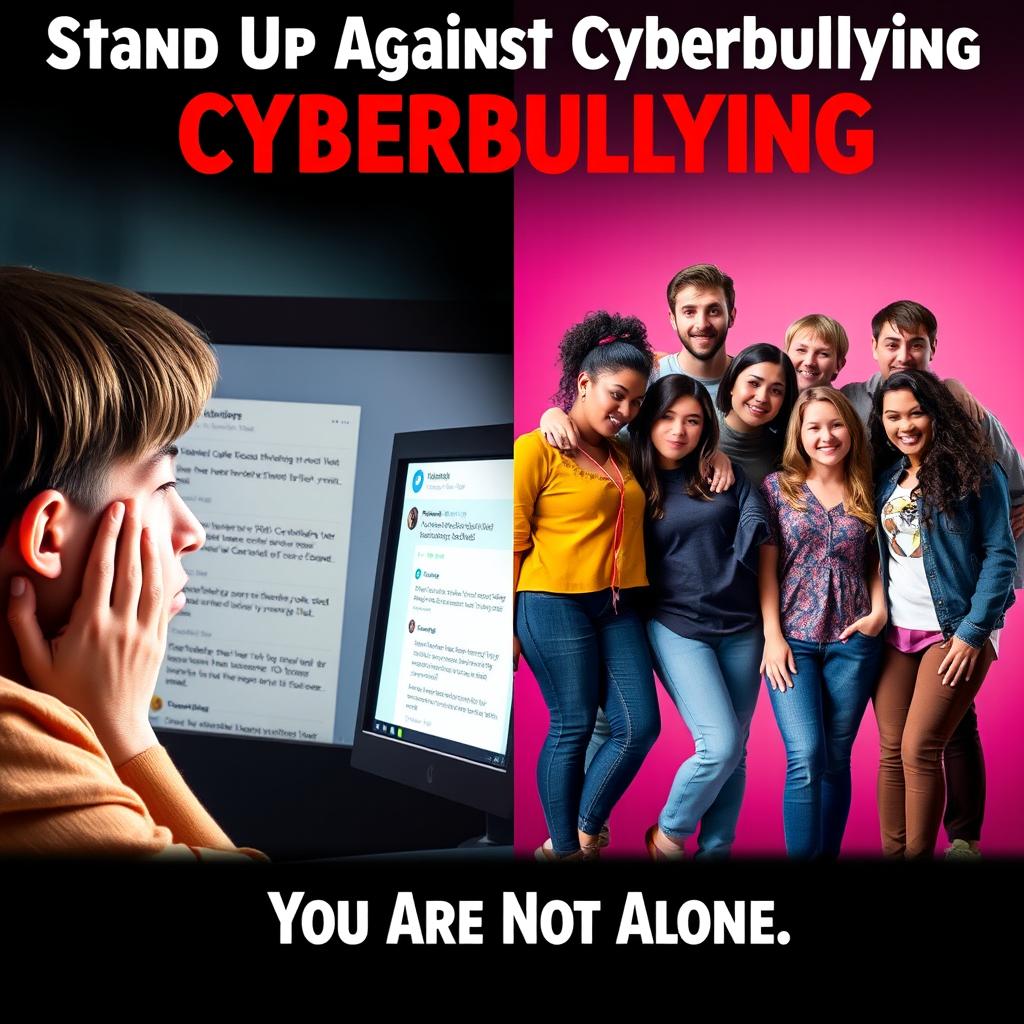 A powerful and impactful poster about cyberbullying, featuring a split image: on one side, a young person looking distressed while staring at a computer screen displaying negative social media comments; on the other side, a group of diverse and supportive friends standing together, showing solidarity