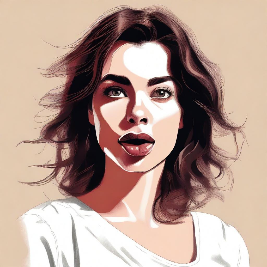 A high-quality digital art piece, featuring a brunette woman looking directly at the camera with her tongue playfully sticking out