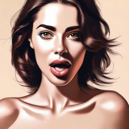 A high-quality digital art piece, featuring a brunette woman looking directly at the camera with her tongue playfully sticking out