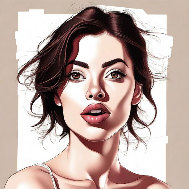 A high-quality digital art piece, featuring a brunette woman looking directly at the camera with her tongue playfully sticking out