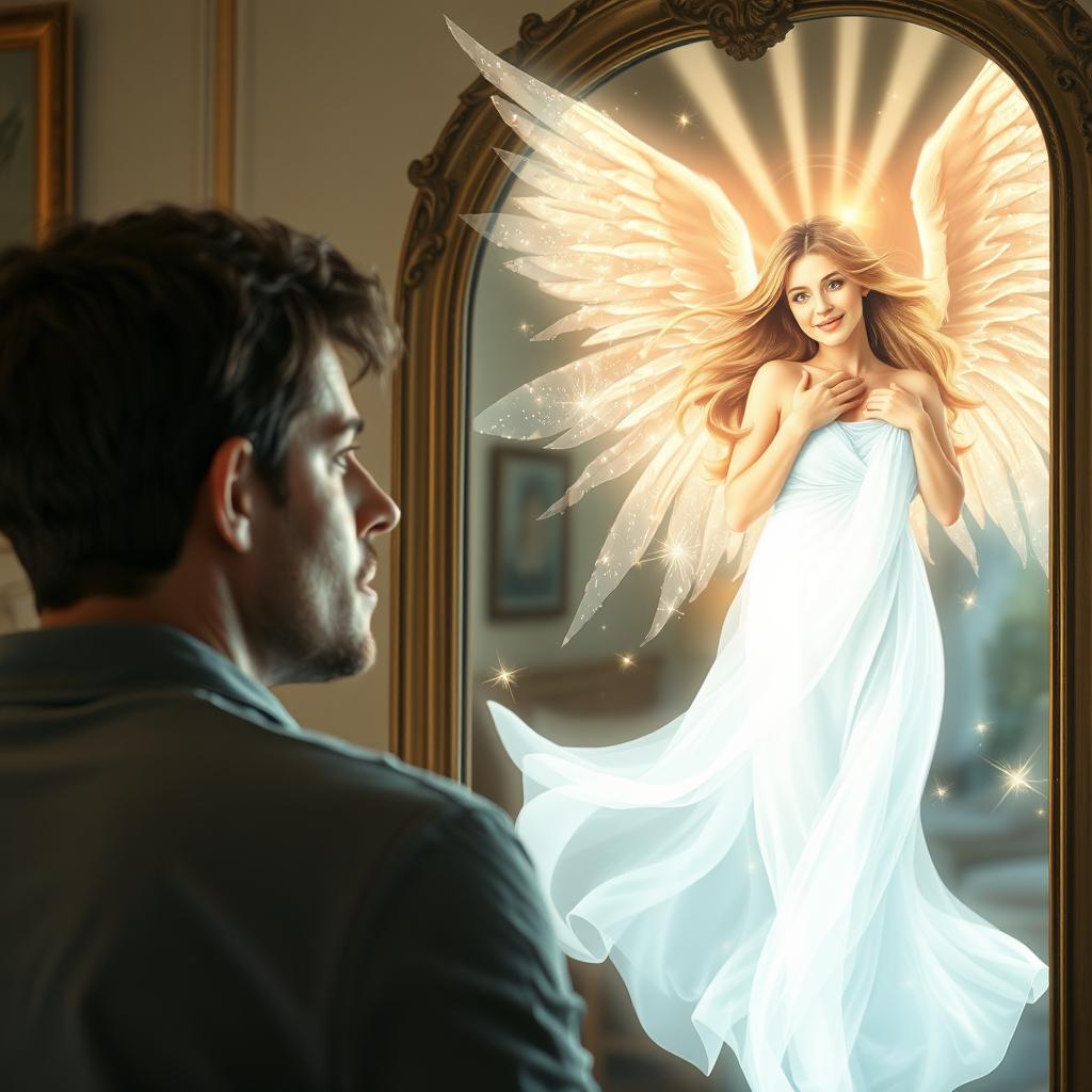 A man gazing into a mirror, with a beautiful angel reflected back at him