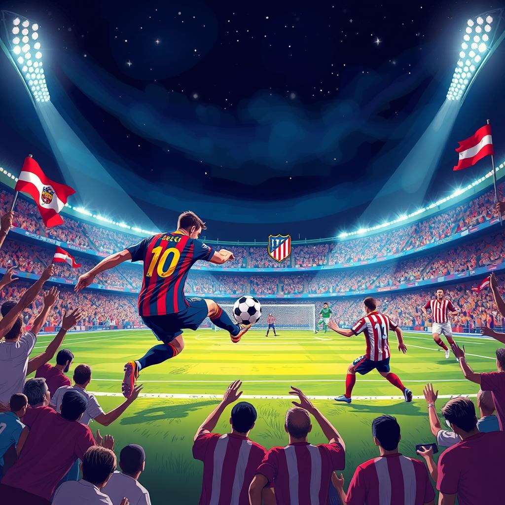 A vibrant and dynamic illustration of a thrilling football match between FC Barcelona and Atletico Madrid