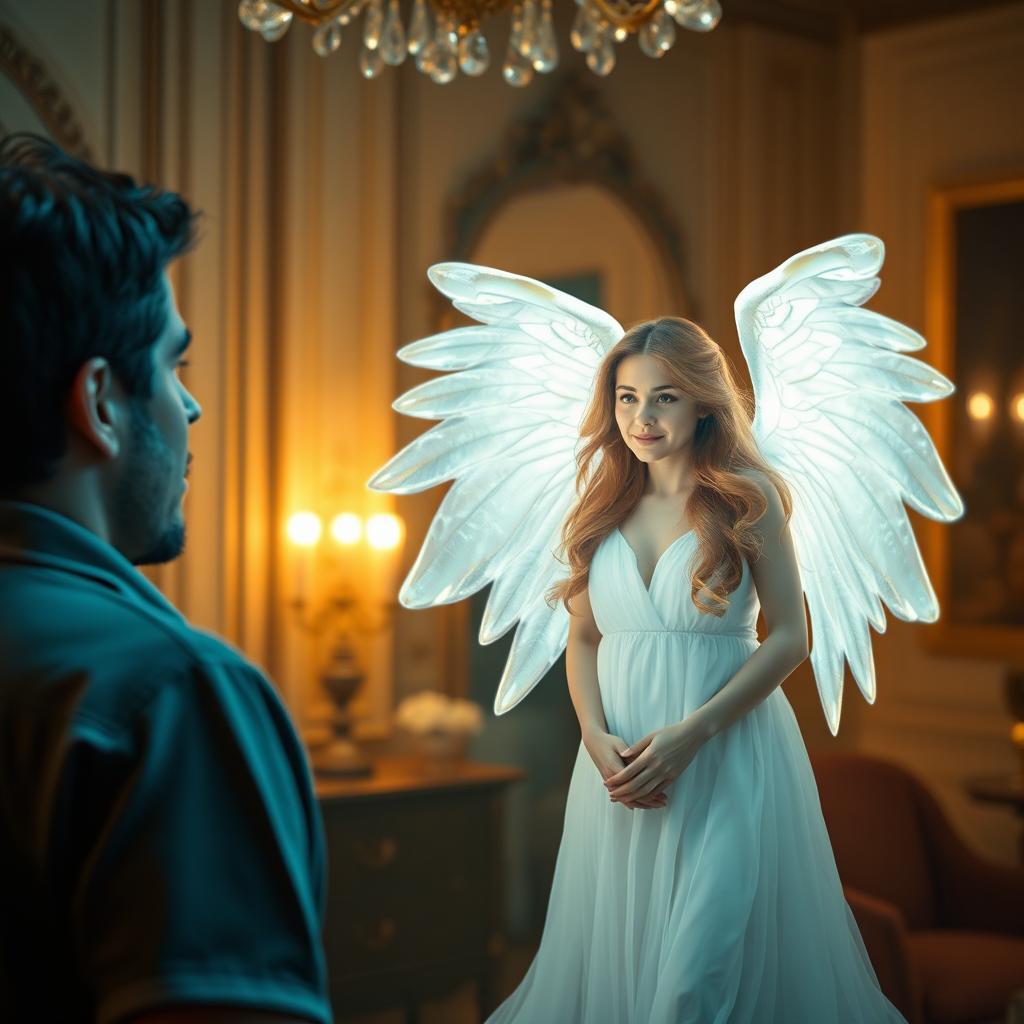 A man gazing into a mirror, with a beautiful angel reflected back at him