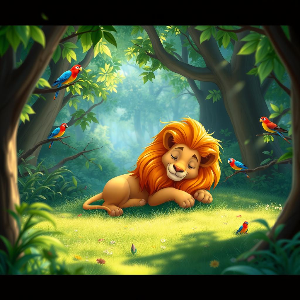 An enchanting short animated scene in a lush green forest, filled with vibrant foliage and dappled sunlight filtering through the trees