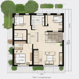 A house plan of 9x21 meters, comprising three bedrooms - two of which measure 4x3.5 meters, and one main bedroom measuring 4x6 meters, equipped with a private bathroom.